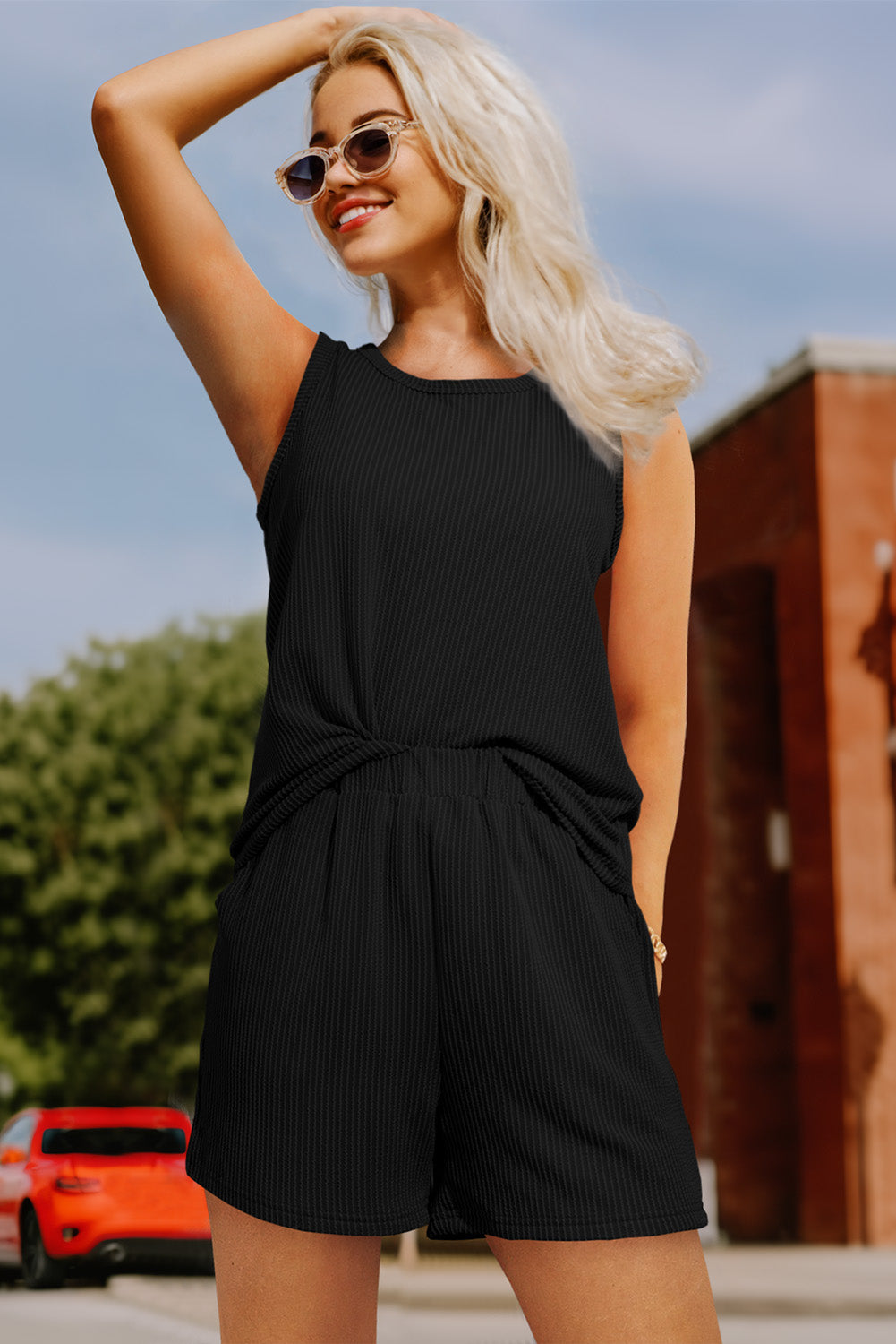 Smoke Gray Corded Tank Top and Pocketed Shorts Set