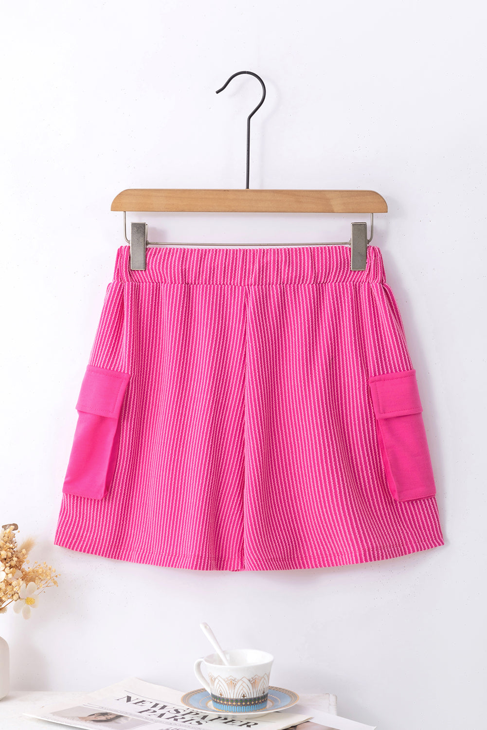 Bright Pink Cargo Pocket Ribbed Drawstring Shorts