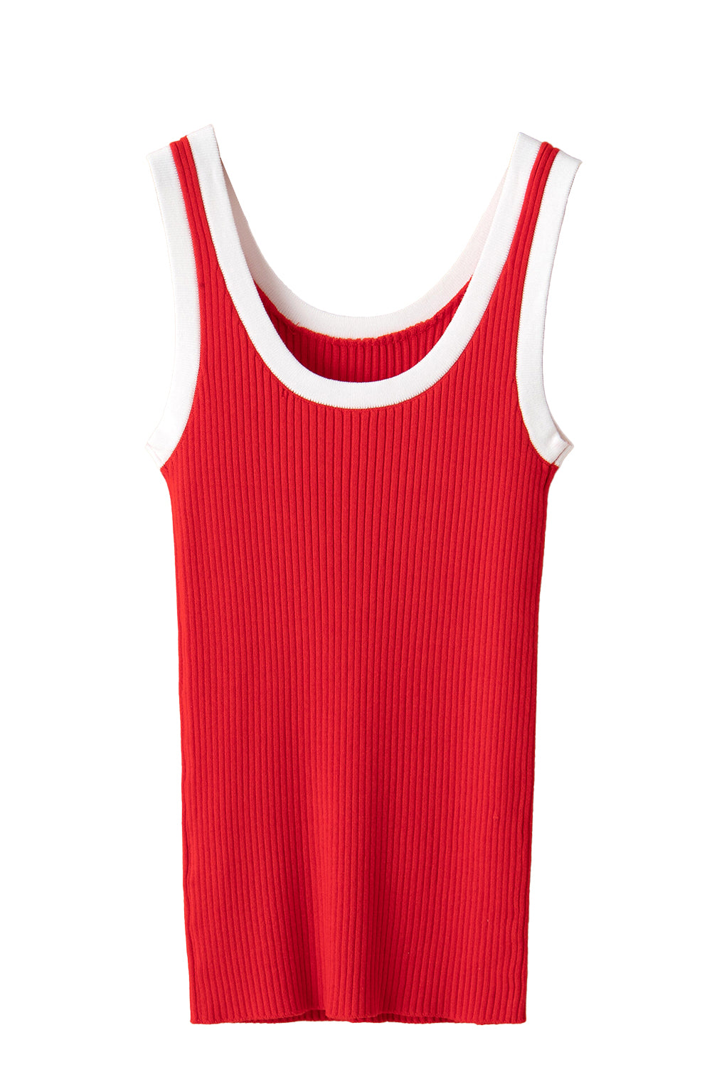 Fiery Red Contrast Trim U Neck Ribbed Knit Tank Top