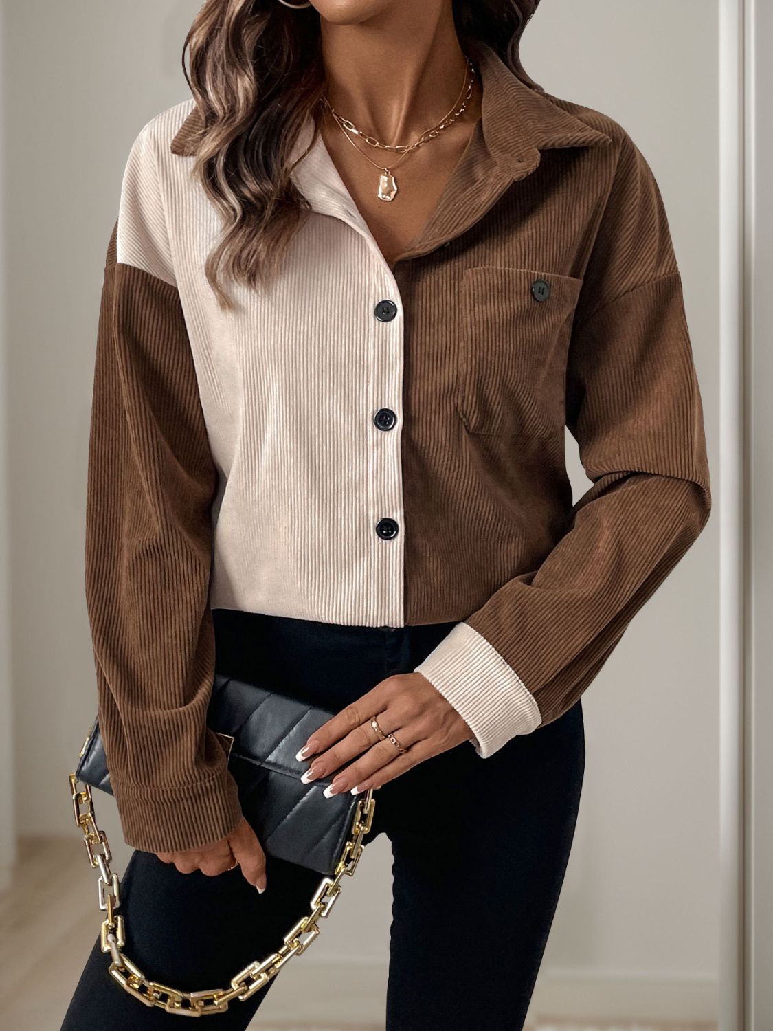 Perfee Pocketed Contrast Collared Neck Long Sleeve Shirt