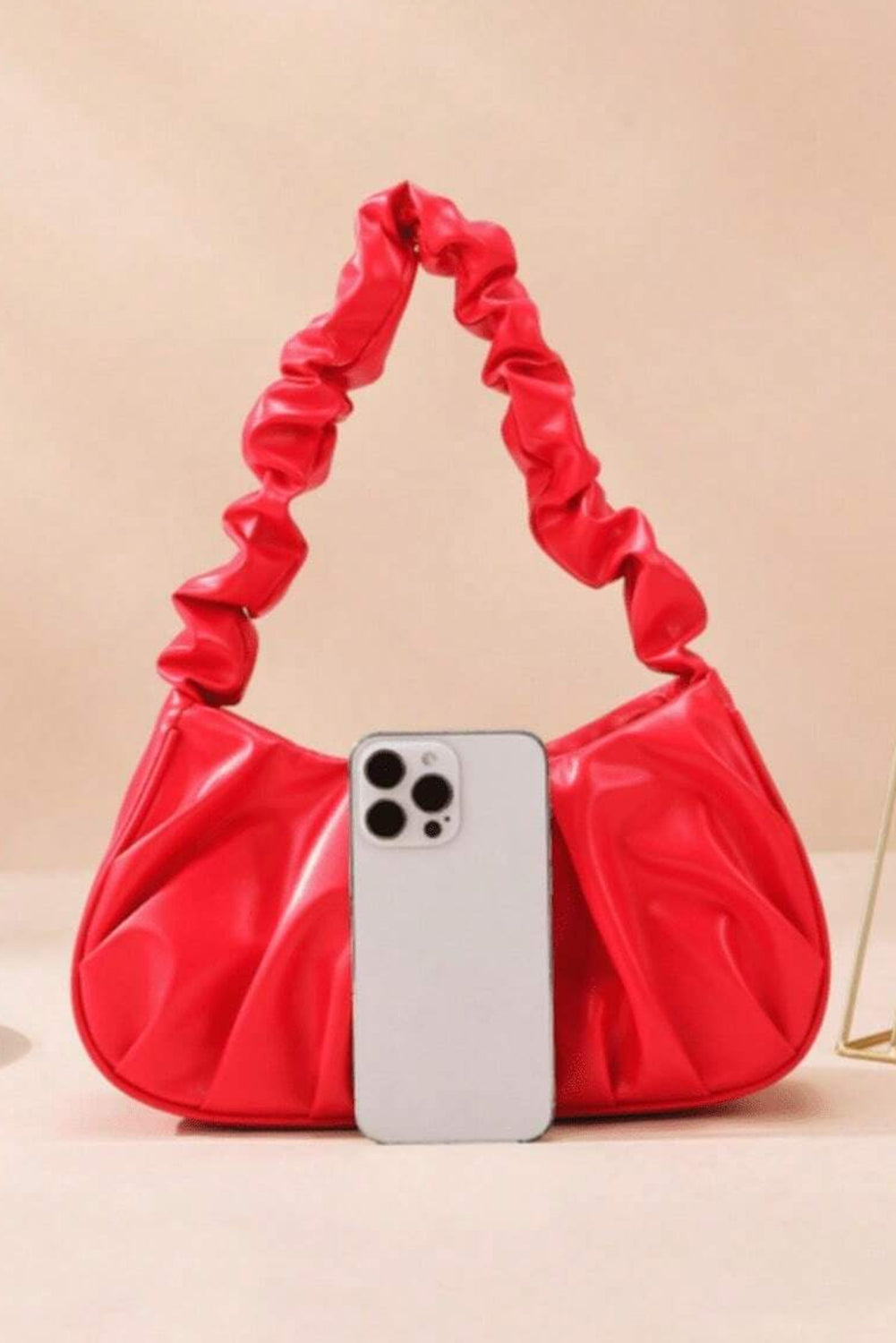 Fiery Red Ruched Faux Leather Shoulder Bag