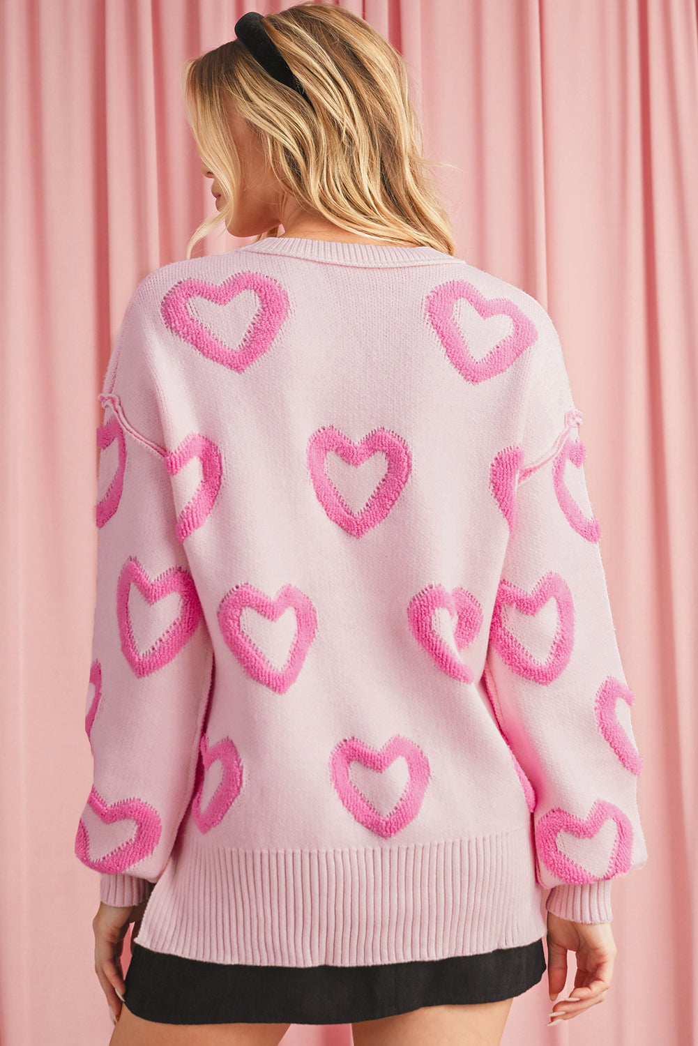 Pink Heart Shape Bubble Sleeve Baggy Sweater