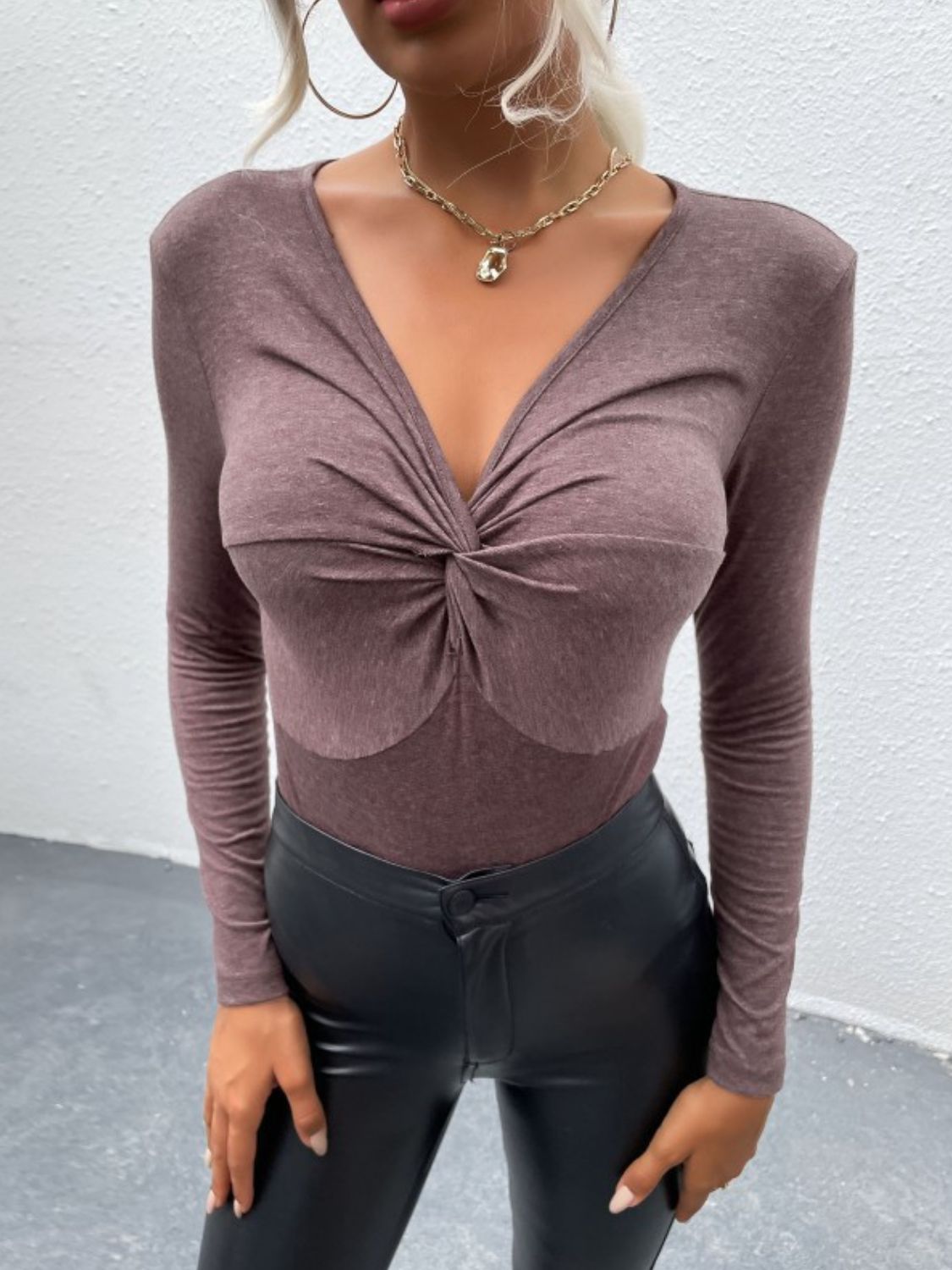 Perfee Twist Front V-Neck Long Sleeve Bodysuit