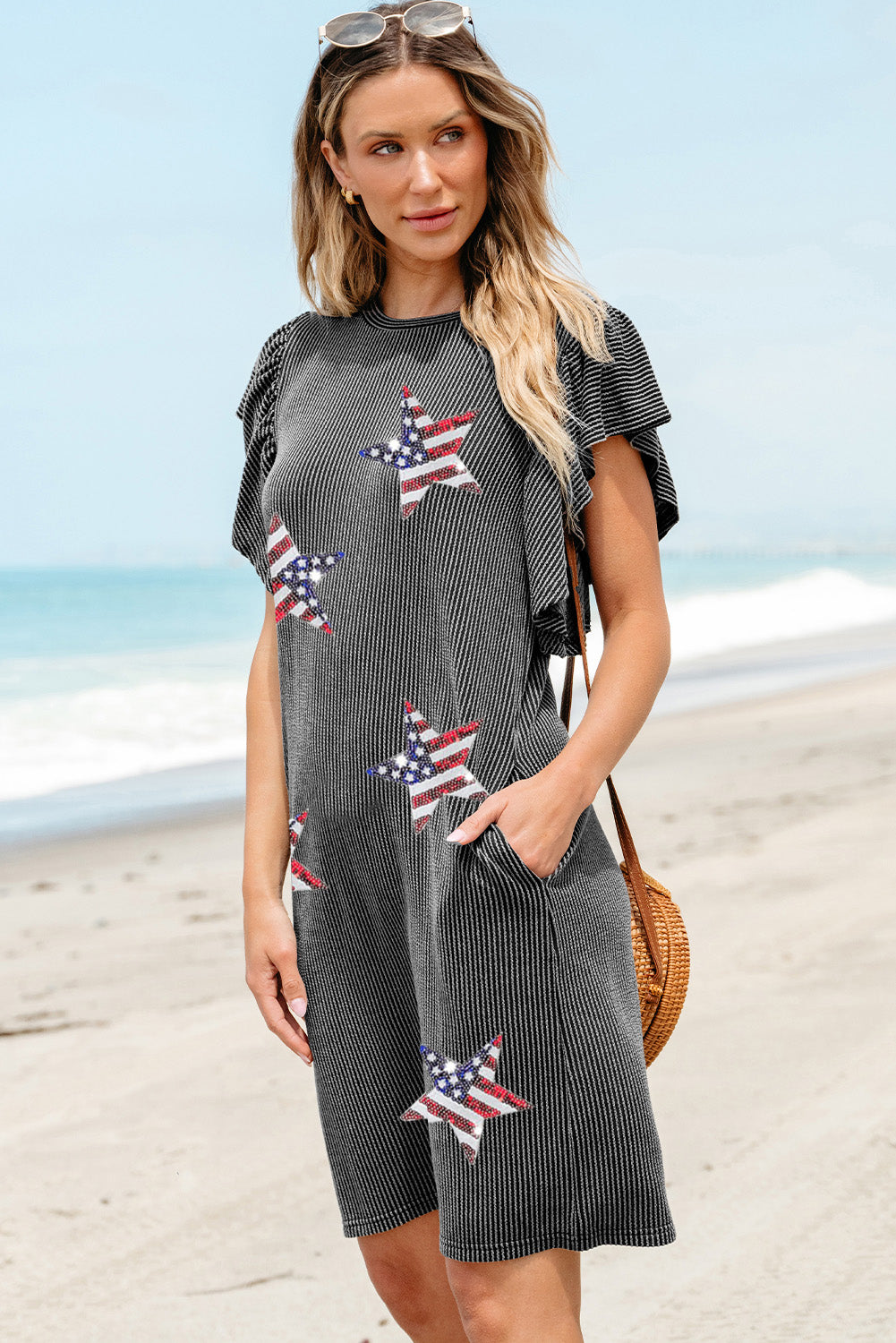 Black Corded Sequin USA Stripe Star Graphic Flutter Sleeve Dress