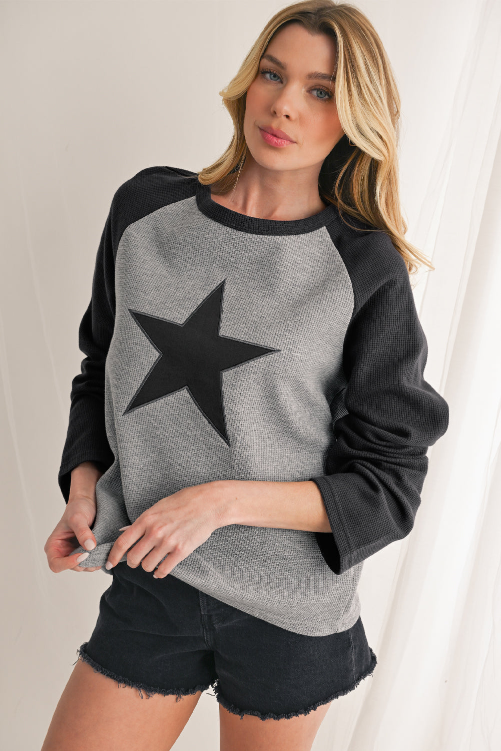 High-rise Waffle Knit Star Graphic Raglan Sleeve Top