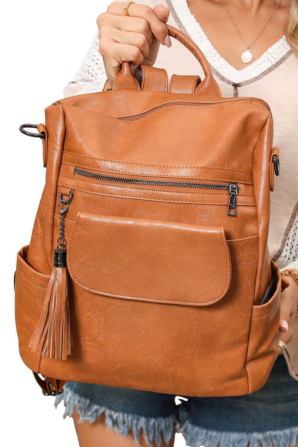 Brown Tassel Decor Retro PU Large Capacity Backpack