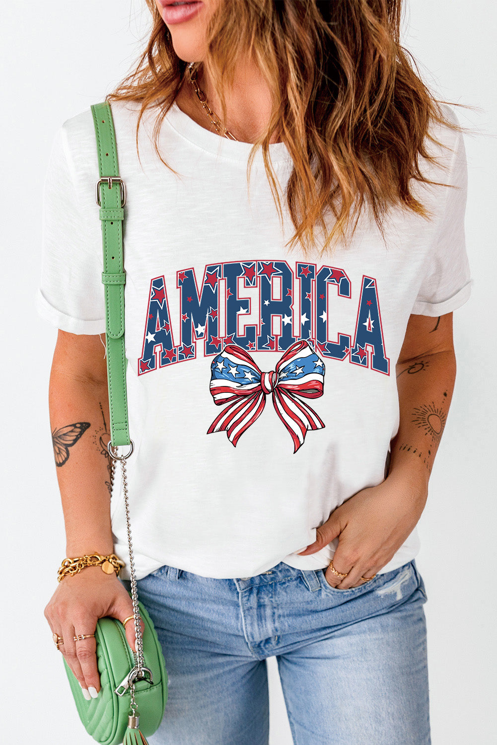 White AMERICA Flag Bow Knot Graphic Round Neck Tee