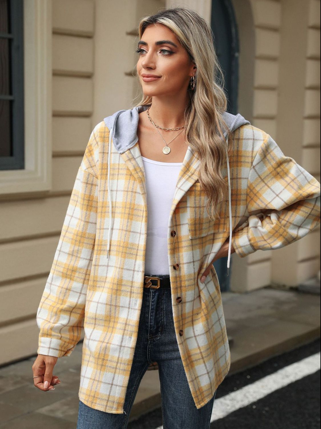 Drawstring Plaid Button Up Hooded Jacket