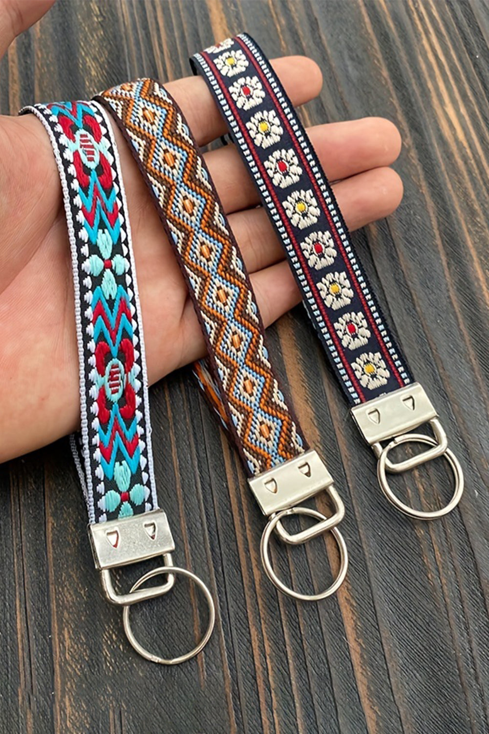 Light Blue Ethnic Pattern Knitted Wristband Keychain