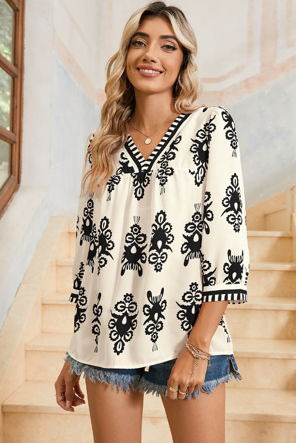 Beige Ethnic Abstract Print Puff Sleeve V Neck Blouse