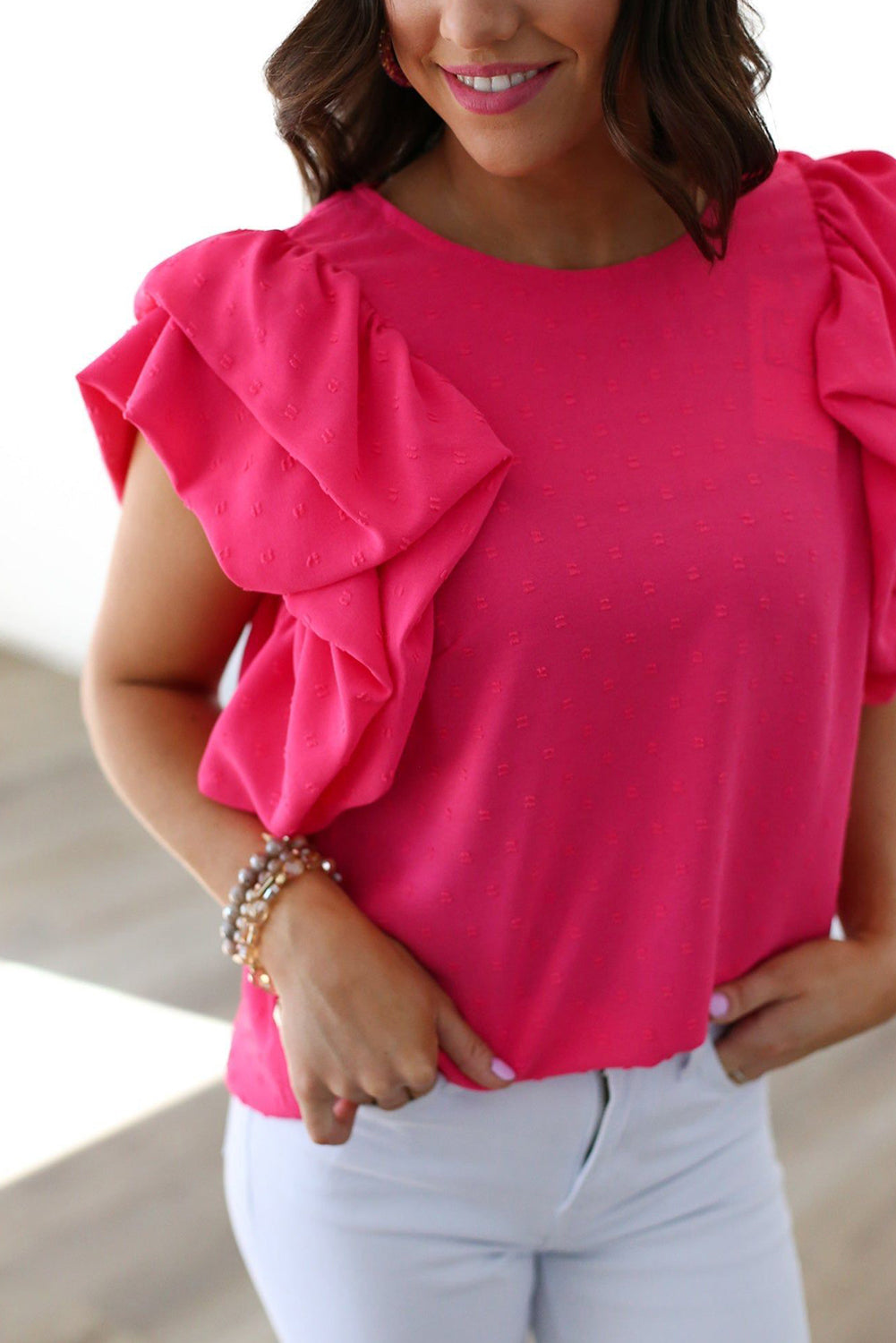 Rose Red Ruffle Sleeve Swiss Dot Blouse