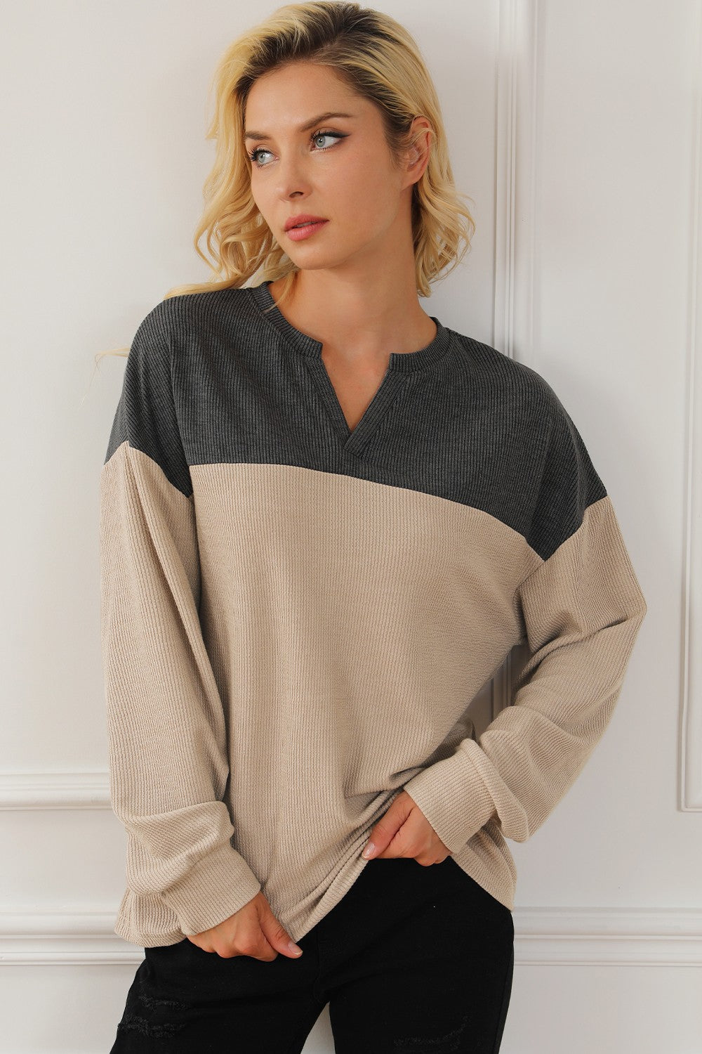 Color Block Notched Long Sleeve Sweatshirt