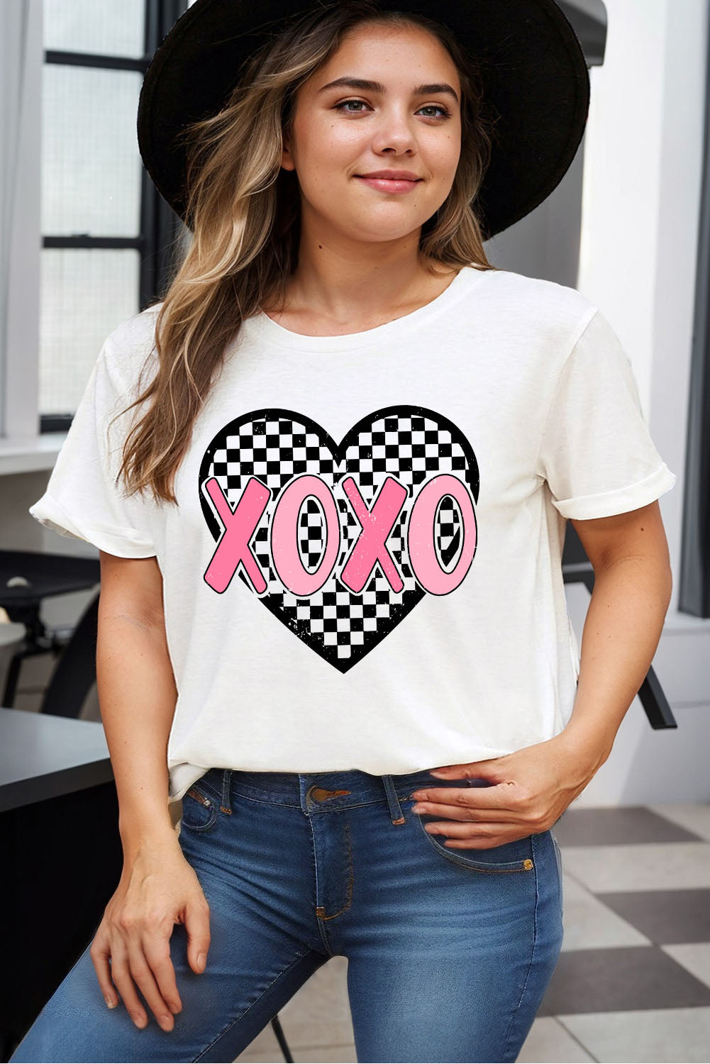 White XOXO Checkered Heart Printed Plus Size Valentines T Shirt