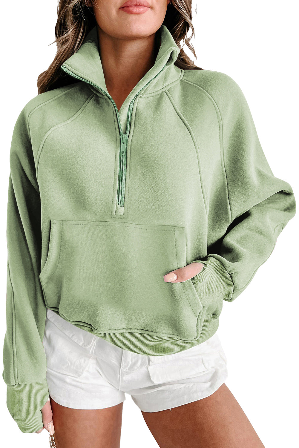 Aruba Blue Quarter Zip Stand Neck Kangaroo Pocket Sweatshirt