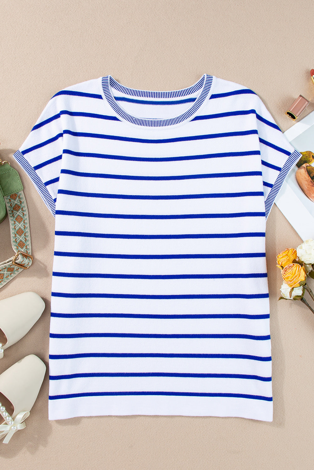 Sky Blue Stripe Knitted Dolman T Shirt