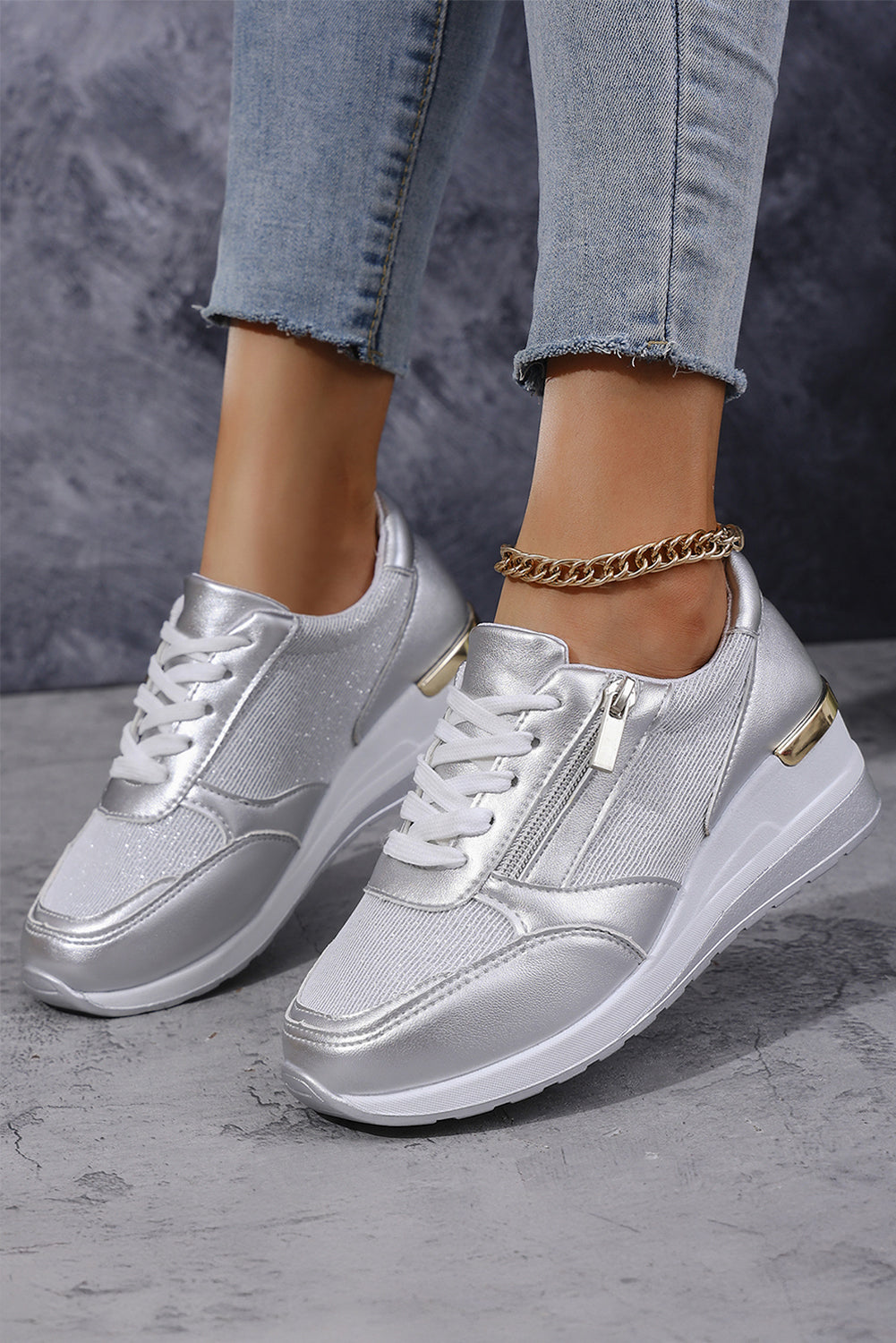 Silvery PU Leather Patchwork Zipper Lace-up Sneakers