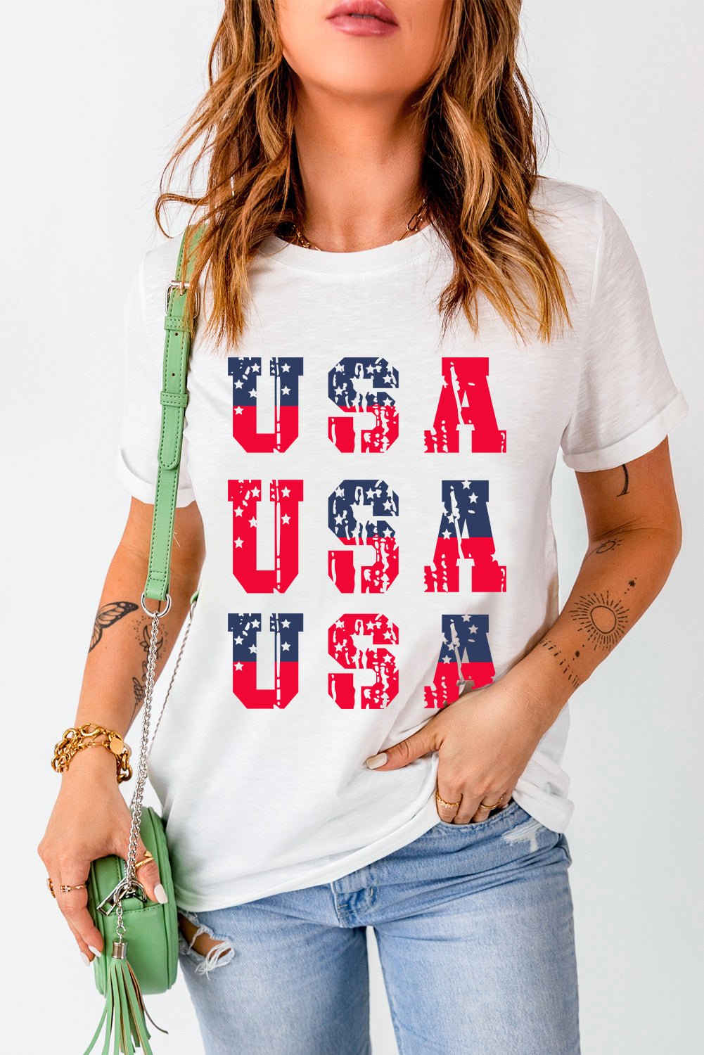 White Flag Day Star USA Graphic Round Neck T Shirt