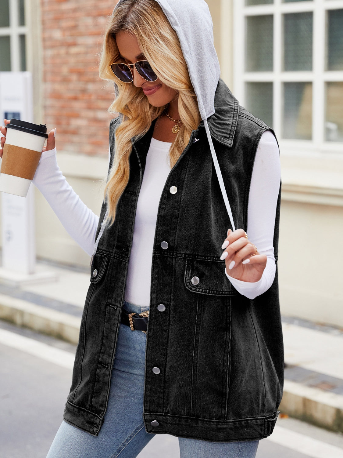 Drawstring Hooded Sleeveless Denim Jacket