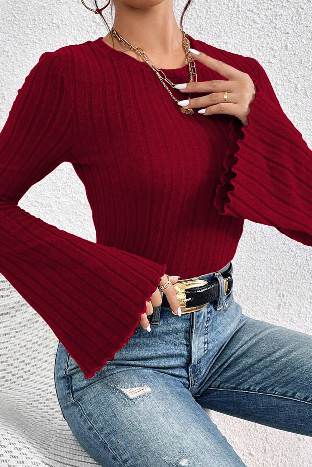 Red Dahlia Elegant Flared Sleeve Fit Knit Top