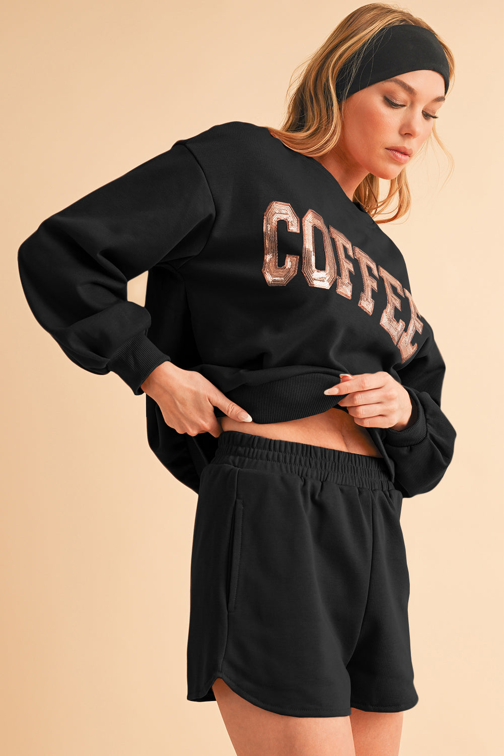 Black Sequins COFFEE Loose Fit Sweatshirt and Shorts Set