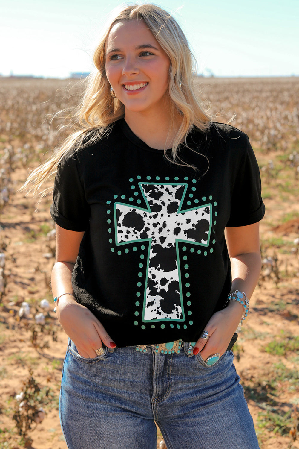 Black Animal Cross Graphic Round Neck Tee