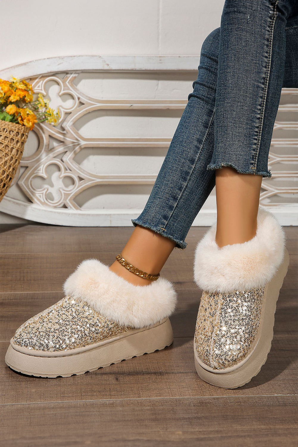 Silvery Sequin Plush Lined Thick Sole Snow Boots