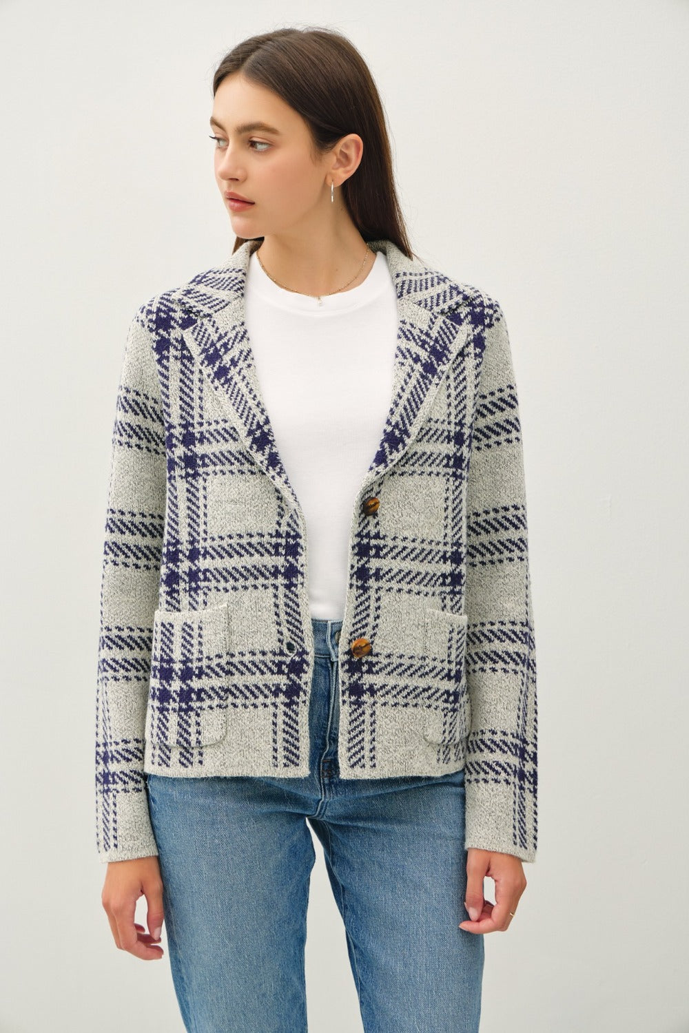 Be Cool Plaid Long Sleeve Sweater Jacket with Front Patch Pockets