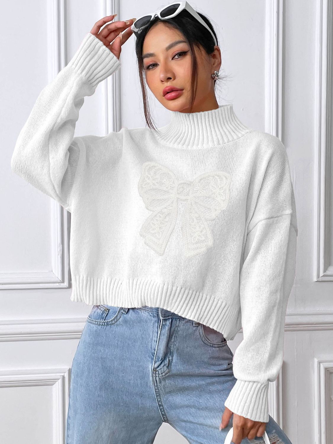 Bow Turtleneck Long Sleeve Sweater