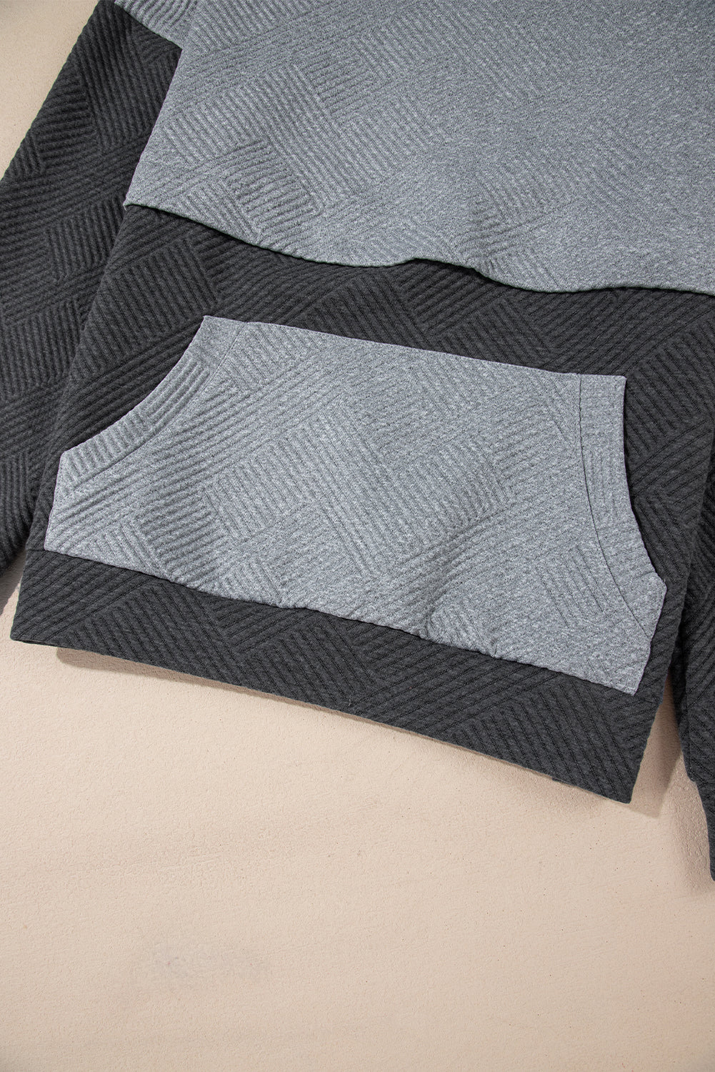 Gray Textured Patchwork Kangaroo Pocket Drop Shoulder Hoodie