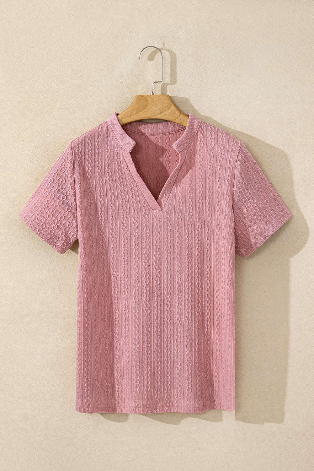 Pink Twisted Textured V-Neck Short Sleeve Blouse