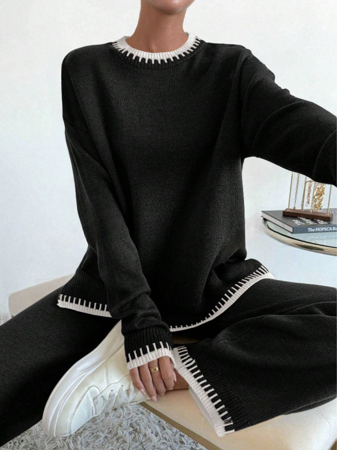 Side Slit Contrast Trim Round Neck Top and Pants Sweater Set