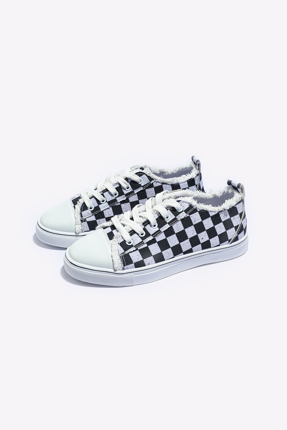 Black Checkered Print Raw Edge Lace-up Canvas Sneakers