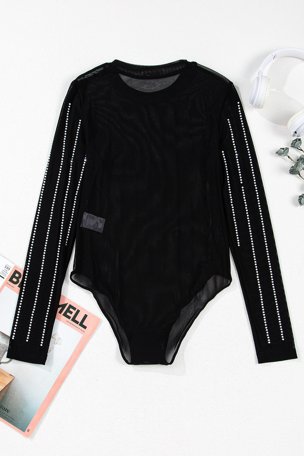 Black Rhinestone Striped Mesh Long Sleeve Bodysuit