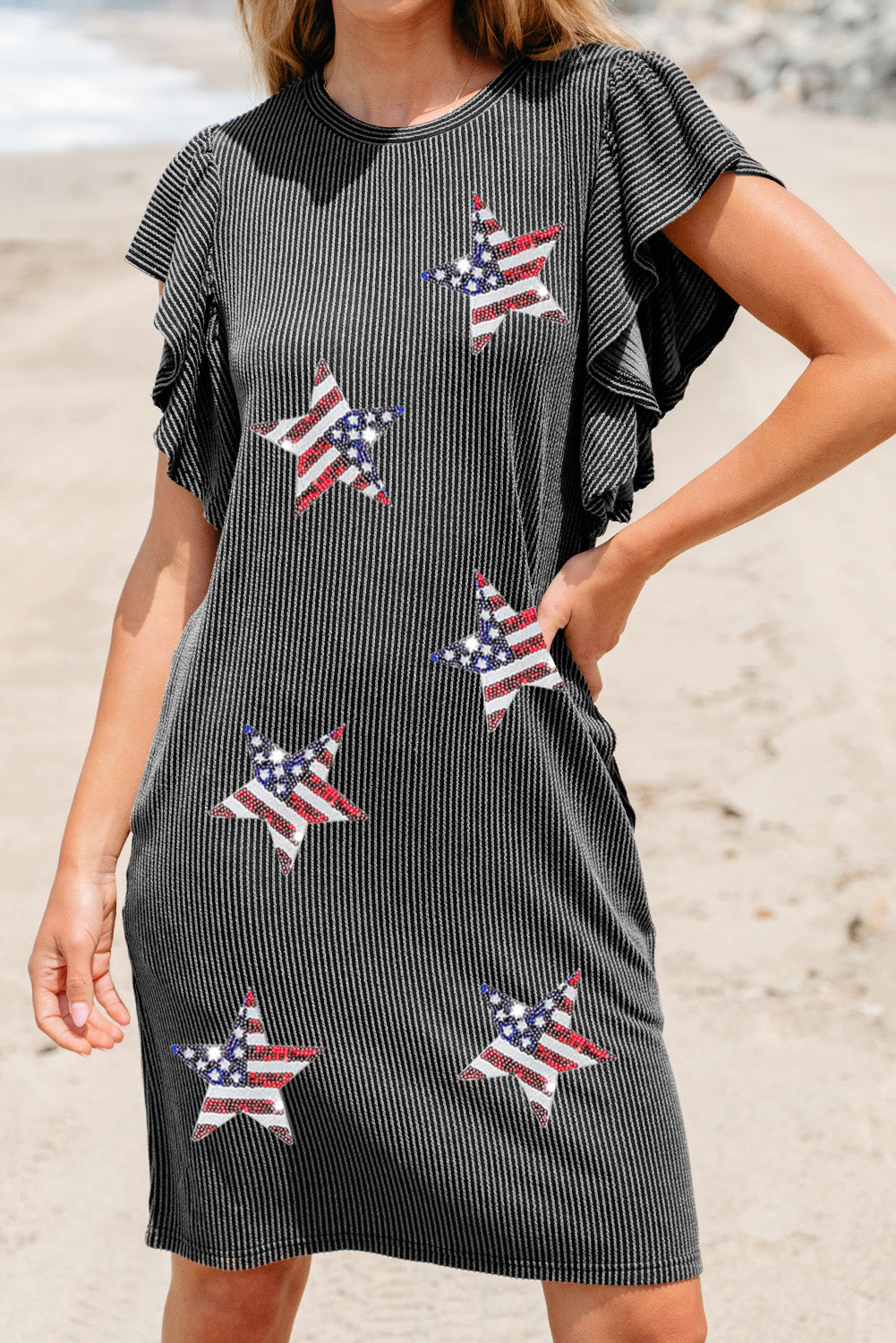 Black Corded Sequin USA Stripe Star Graphic Flutter Sleeve Dress