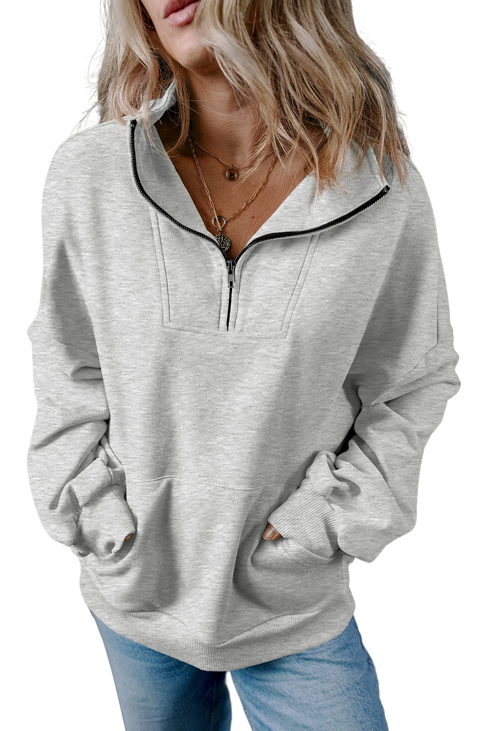 Light Grey Zip-up Stand Neck Kangaroo Pocket Sweatshirt