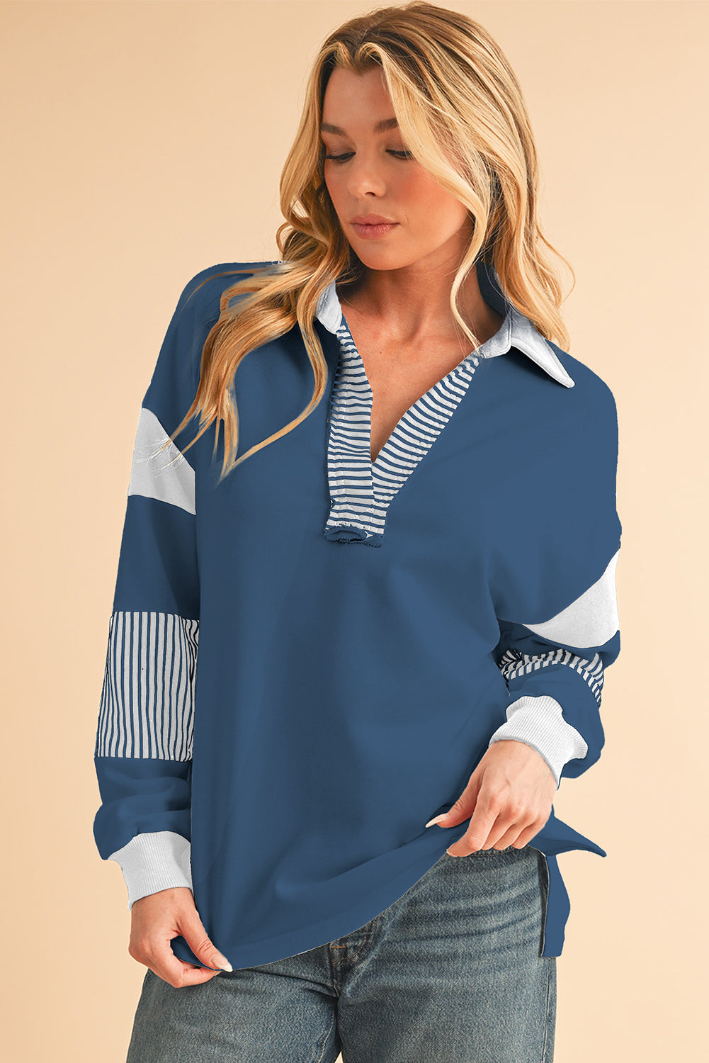 Dark Blue Striped Patchwork Collar Sweatshirt