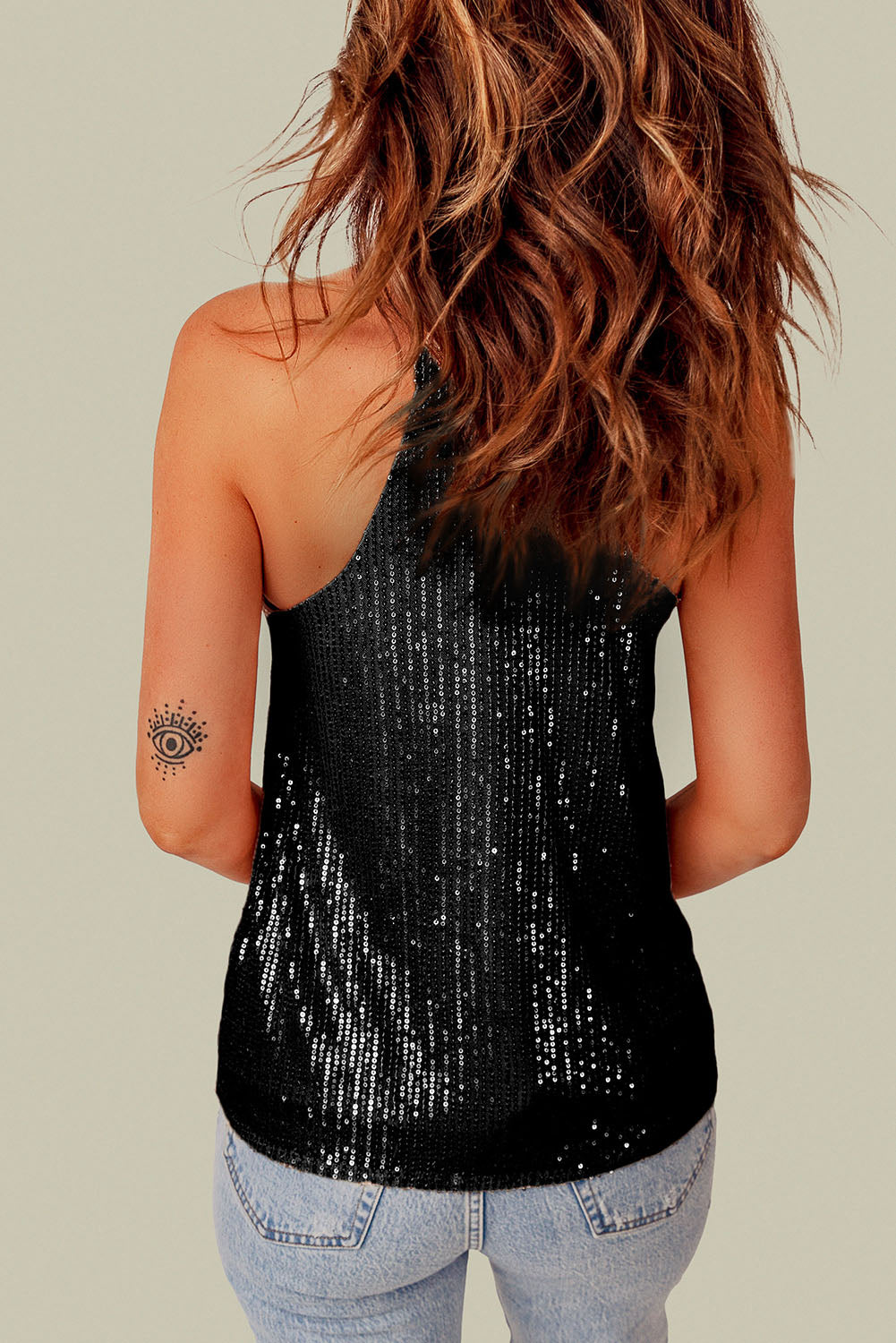 Black Sexy Contrast Spaghetti Strap Sequin Camisole