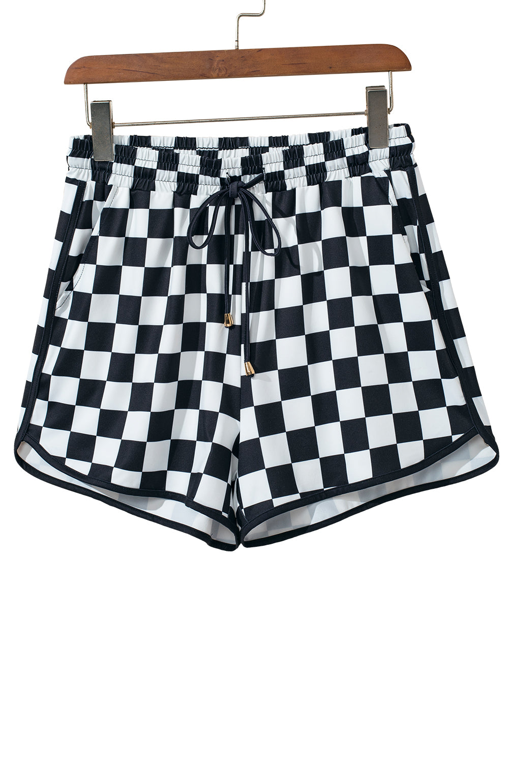 Black Checkered Drawstring Elastic Waist Casual Shorts