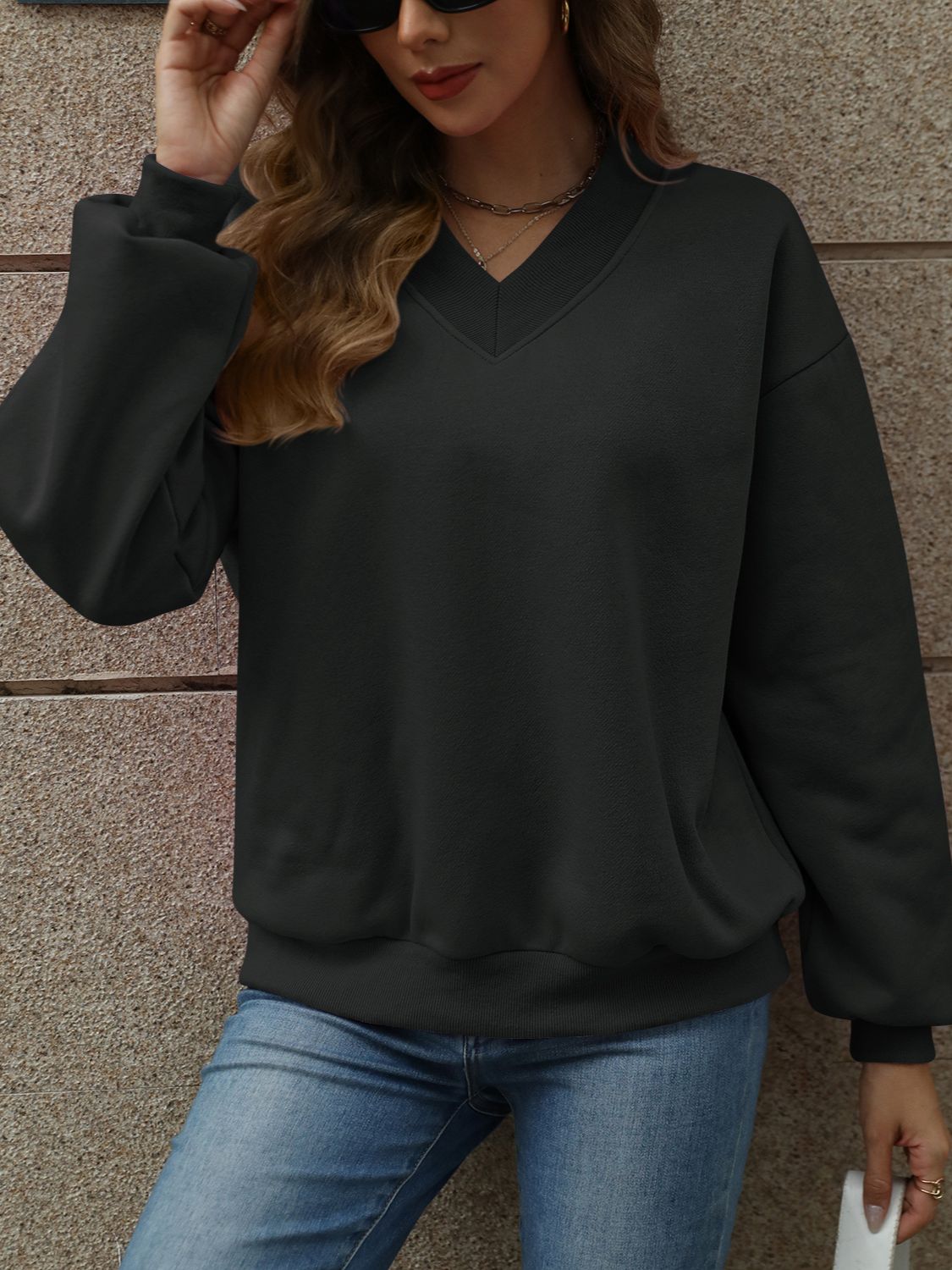 V-Neck Long Sleeve Dropped Shoulder Sweatshirt