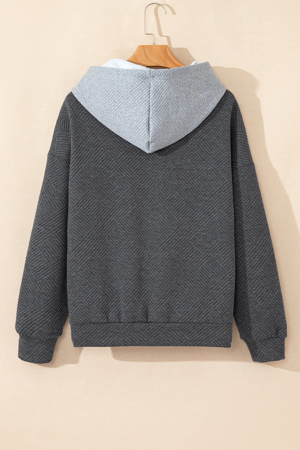 Gray Textured Patchwork Kangaroo Pocket Drop Shoulder Hoodie