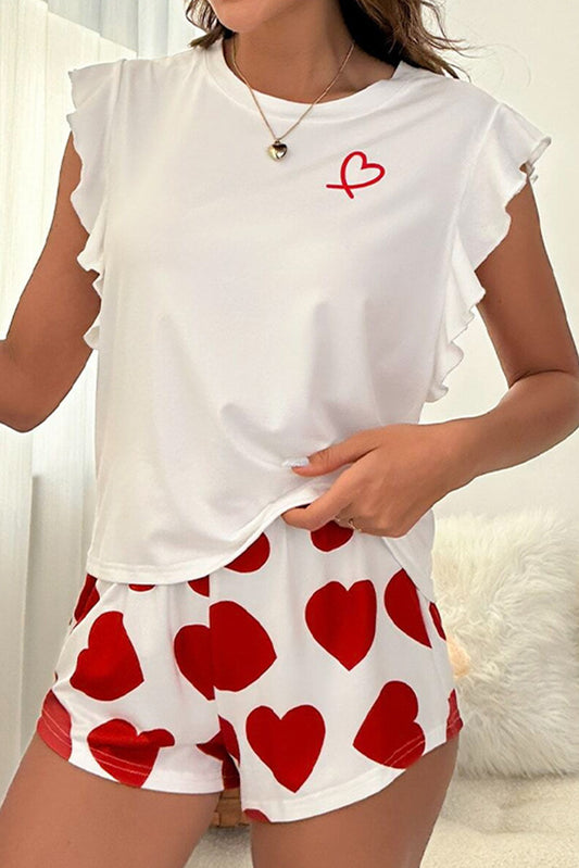 Red Heart Print Ruffle T-Shirt Shorts Pajama Set