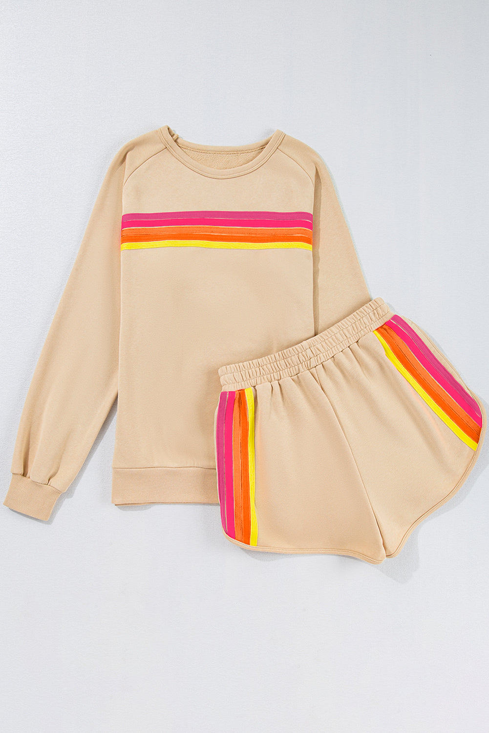 Black Colorful Striped Long Sleeve Pullover and Shorts Set