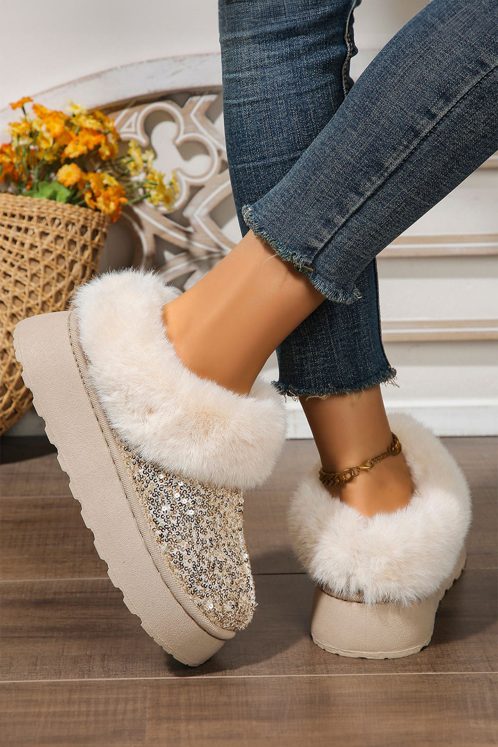 Silvery Sequin Plush Lined Thick Sole Snow Boots