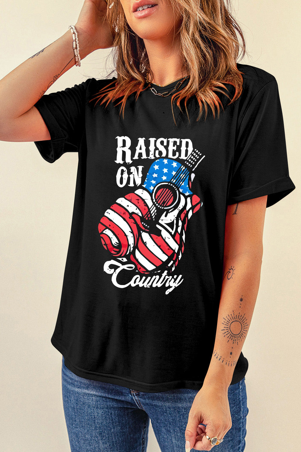 Black Raised On Country USA Flag Guitar Graphic Tee