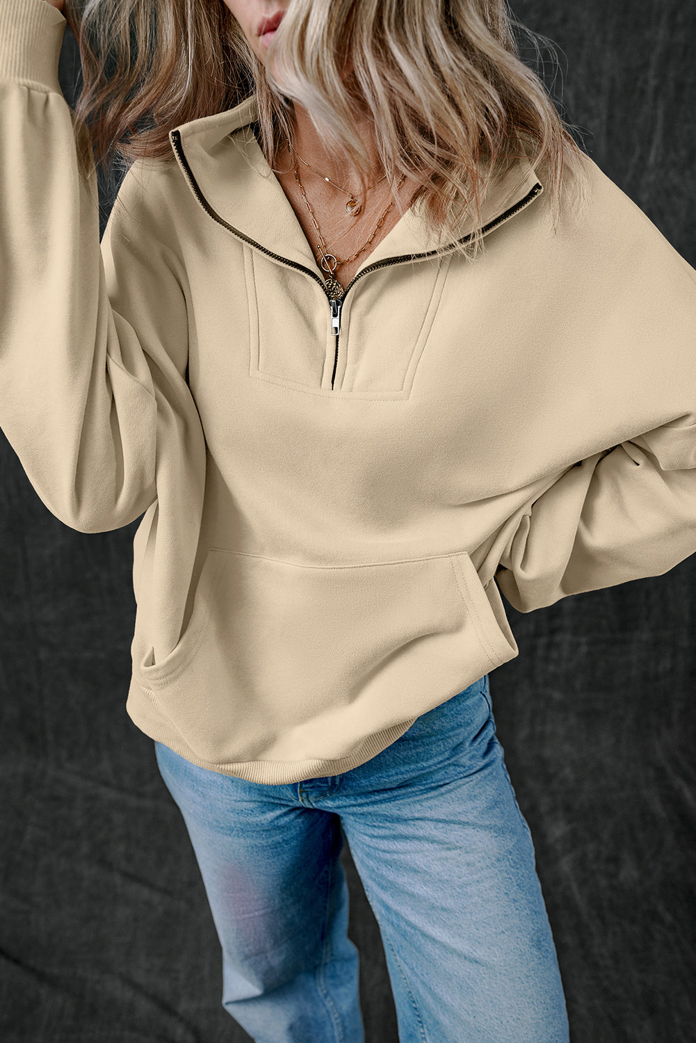 Light Grey Zip-up Stand Neck Kangaroo Pocket Sweatshirt