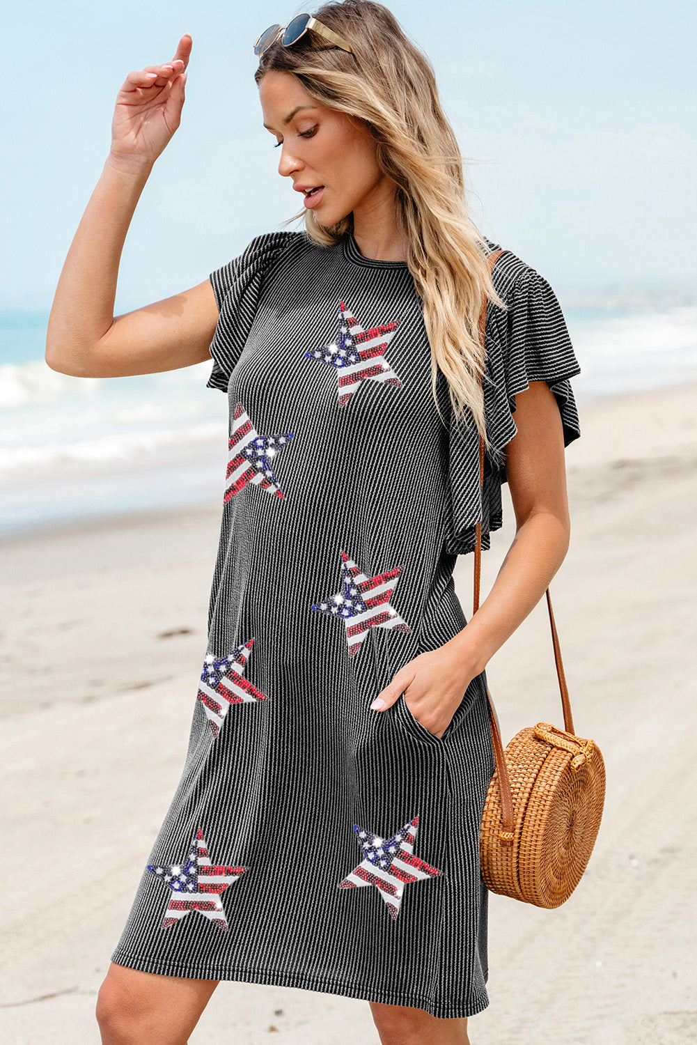 Black Corded Sequin USA Stripe Star Graphic Flutter Sleeve Dress