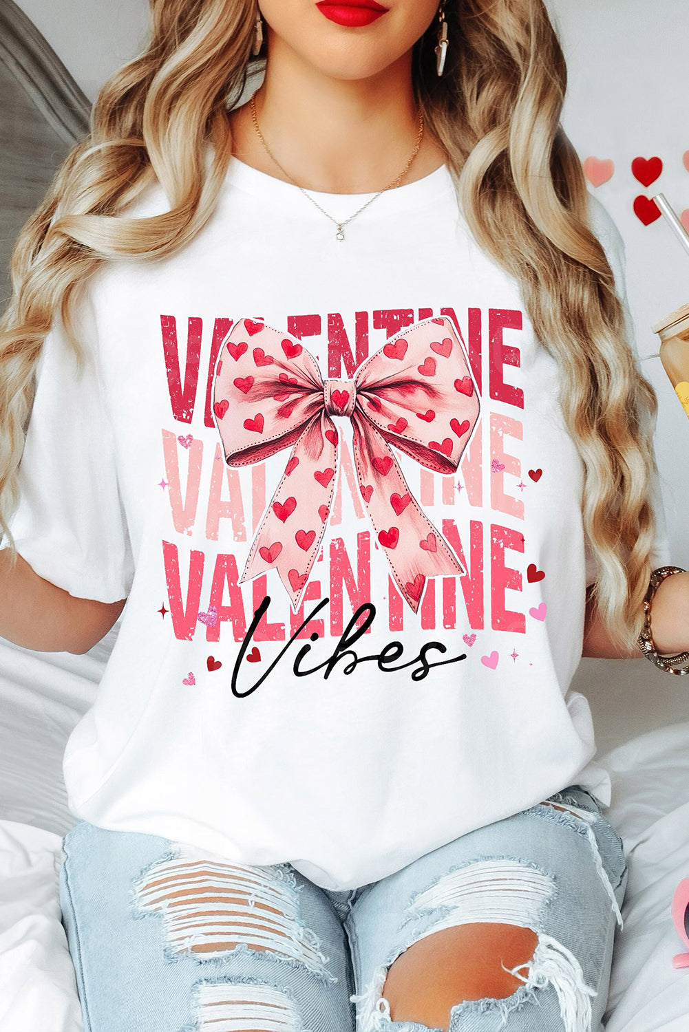 White Valentine Bow Letter Print Graphic Tee