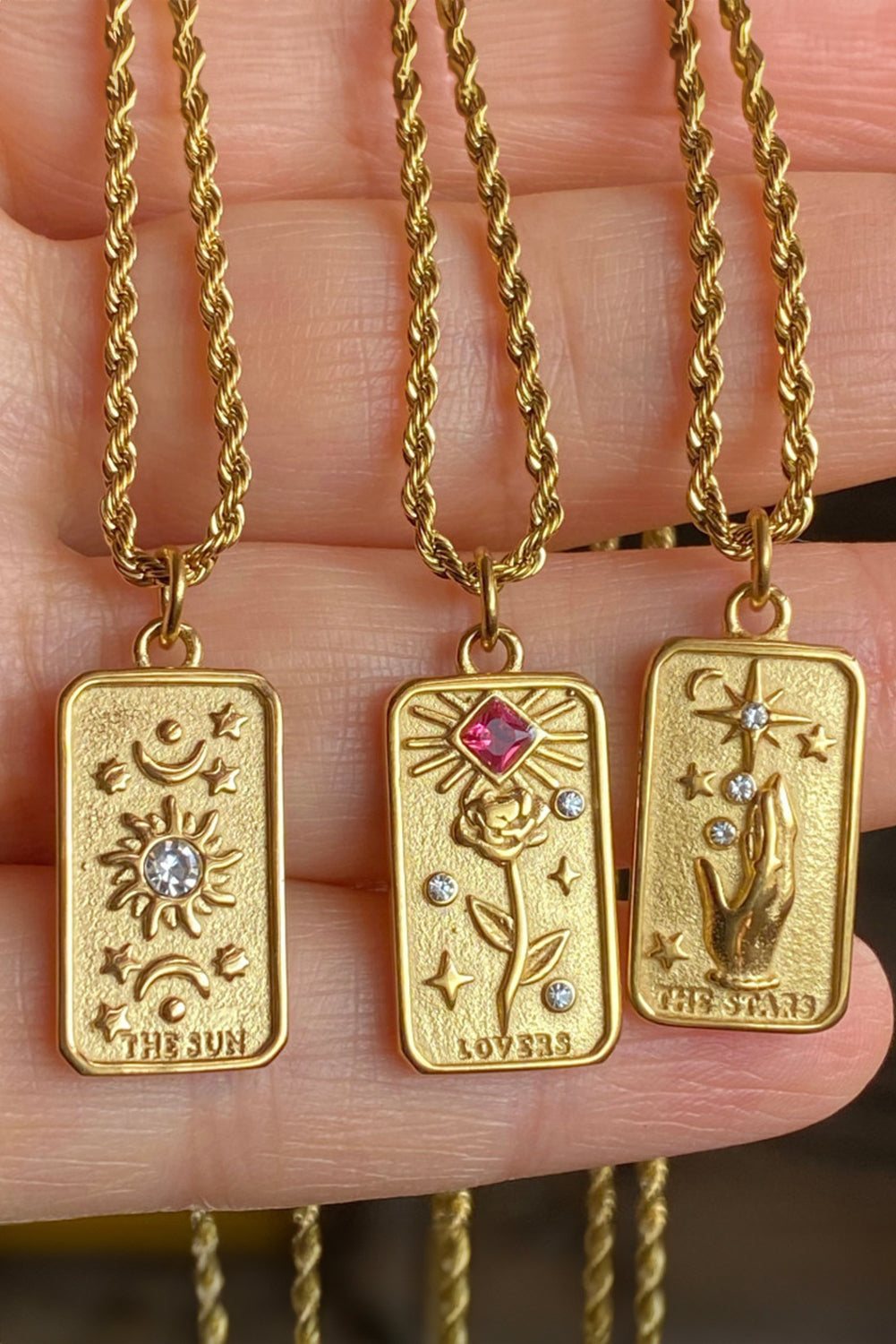 Gold Plated Tarot Card Rhinestone Deocr Valentiens Gift Necklace