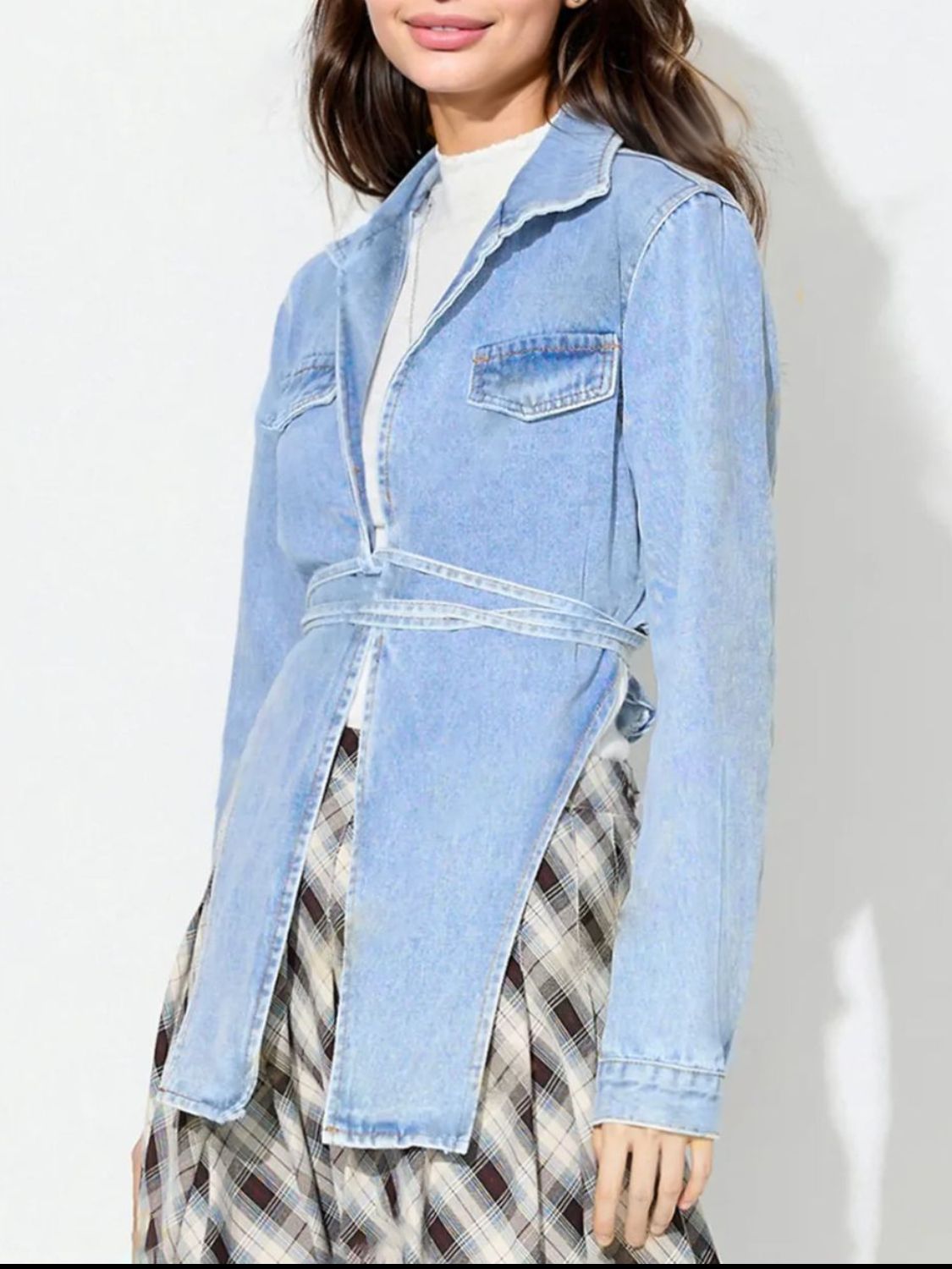 Asymmetric Slit Collared Neck Long Denim Top