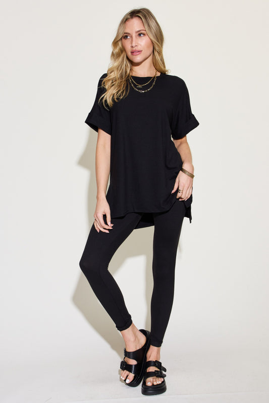 Zenana Plus Size Short Sleeve Slit T-Shirt and Leggings Lounge Set